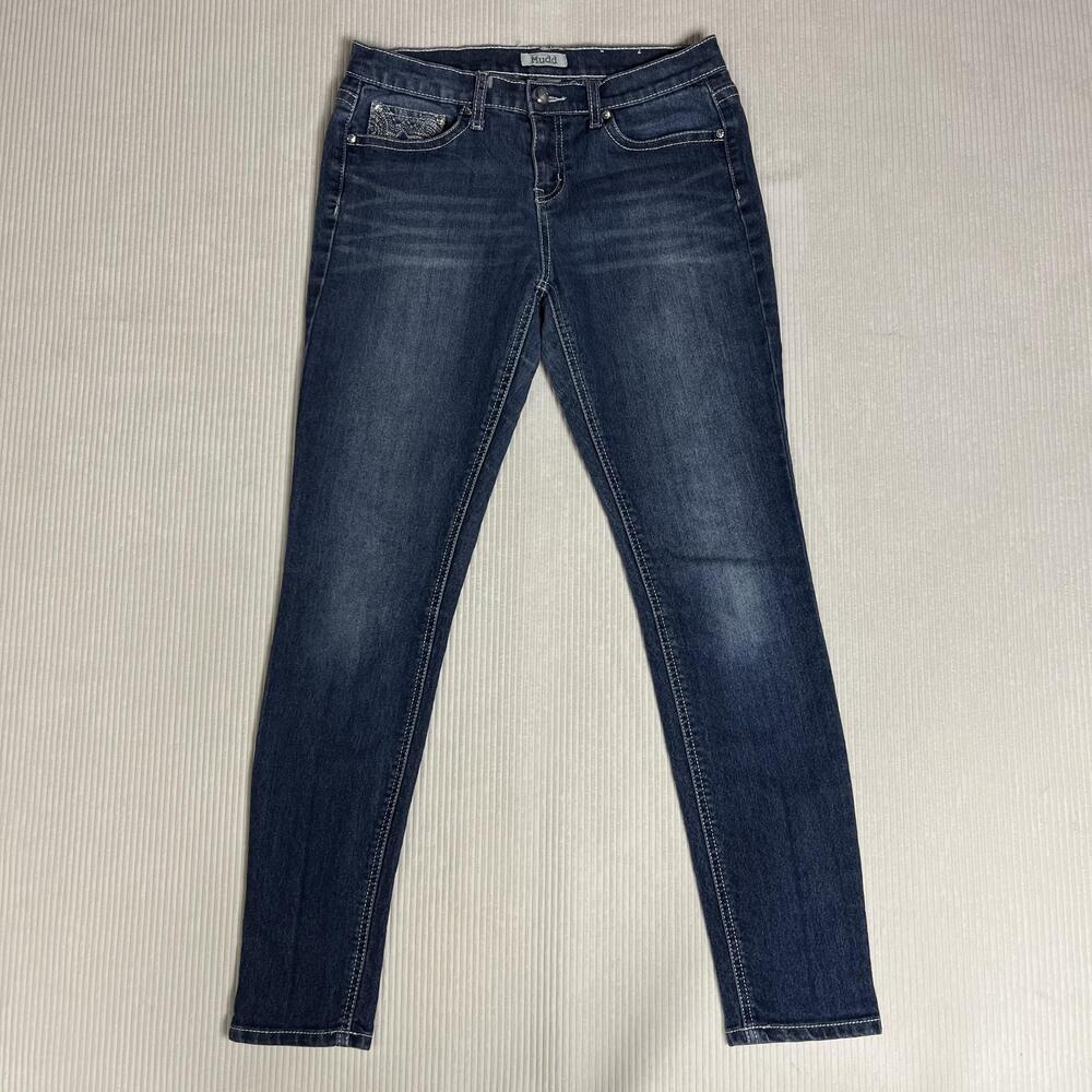 Mudd Jeans Juniors 9 Blue Medium Wash Skinny Slim Stretch Embellished 30x28.5